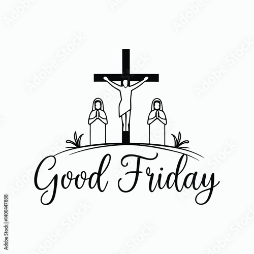 Good Friday Lettering Background and Card – Vector Black Silhouette Banner with Cross on Hill.