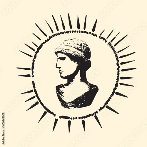 Antike Büste mit Sonnenstrahlen im Vintage-Stil. Handgezeichnete Vektorillustration.