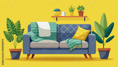 Cozy grey sofa with blanket, cushion and houseplants on yellow background 