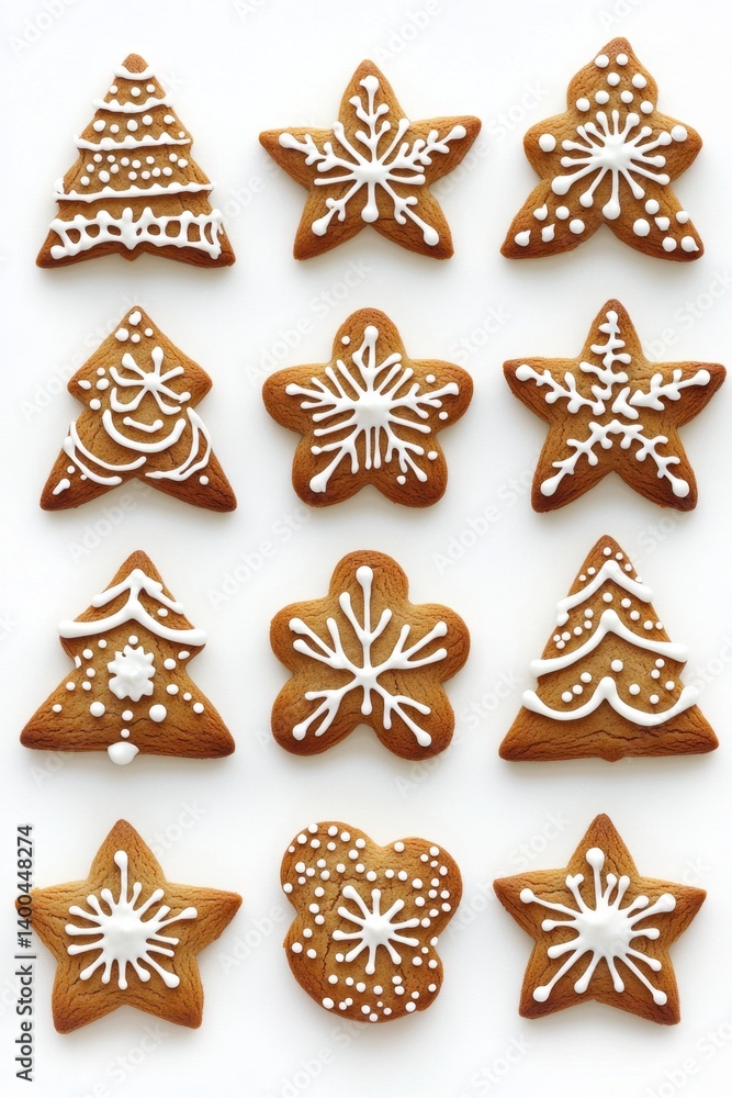 Festive Christmas Gingerbread Cookies Arrayed on White Background Overhead View Holiday Baking Concept Festive Christmas Gingerbread Cookies Arrayed on White Background Overhead View Holiday Baking Concept