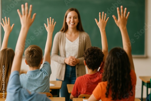 Engaged Students Discuss in Class With a Smiling Teacher in a Vibrant Learnin...