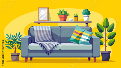 Cozy grey sofa with blanket, cushion and houseplants on yellow background 