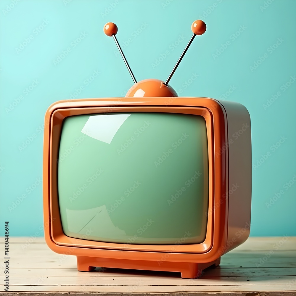 Retro Vintage TV on Table with Aquamarine Wall Background