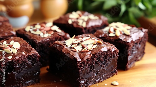 Fudgy chocolate brownies with a layer of almond nuts, perfect for snacking 