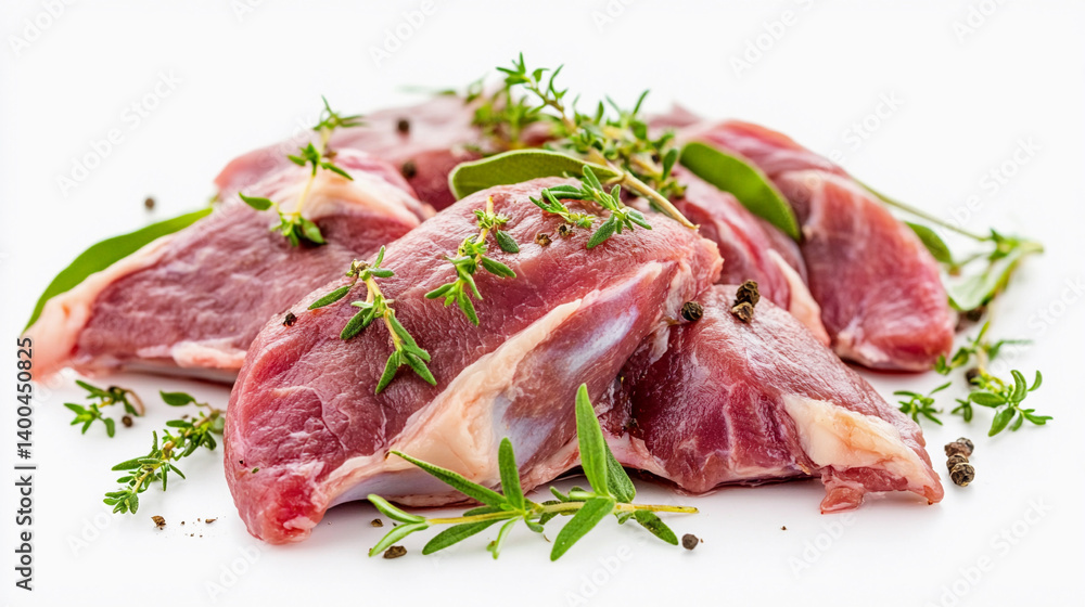 Fresh raw rabbit meat pieces with aromatic herbs Generative AI Fresh raw rabbit meat pieces with aromatic herbs Generative AI