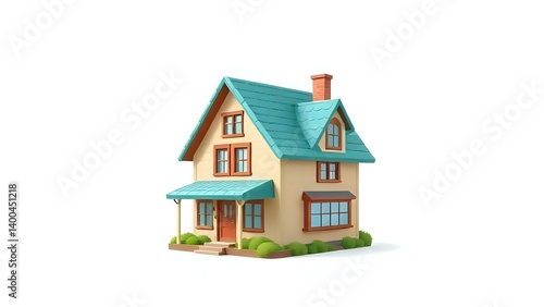 A bright and cheerful 3D cartoon house standing on a clean white background, with playful shapes and vivid colors that make it look like it came straight out of a fun and friendly animated story