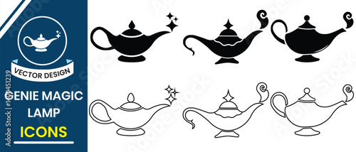 Magic Lamp icon, vector set. Arabic Genie magic lamp, Aladdin lamp, lantern holds untold power and grants wishes. Silhouette of magic lamp symbol, genie symbol. Vector illustration.