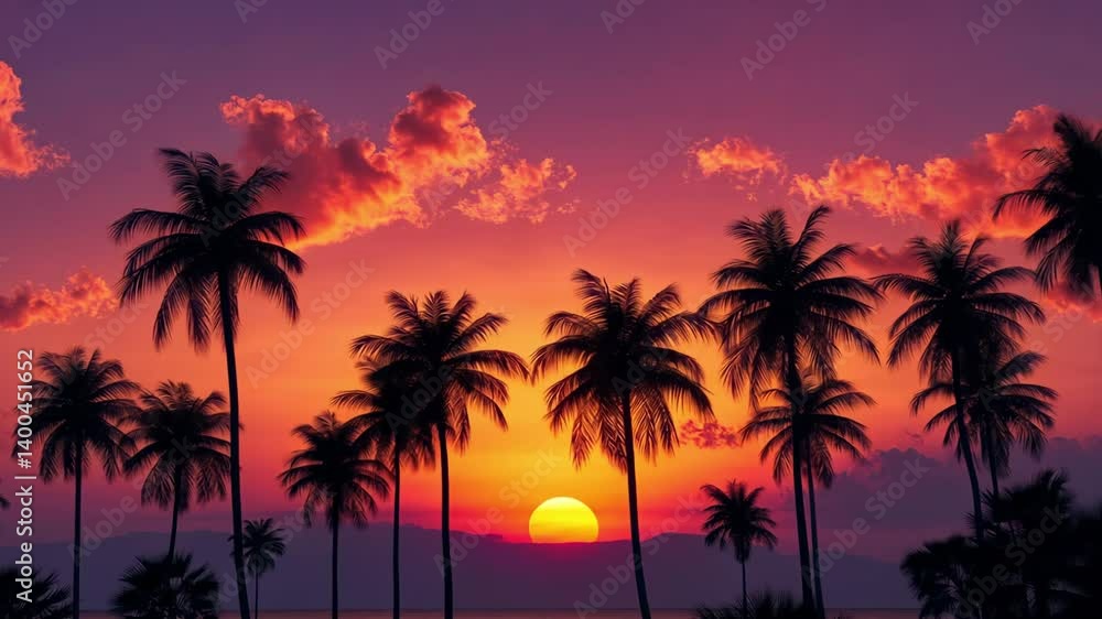 Animation of vibrant tropical sunset with palm tree silhouettes, warm golden and pink hues Animation of vibrant tropical sunset with palm tree silhouettes, warm golden and pink hues