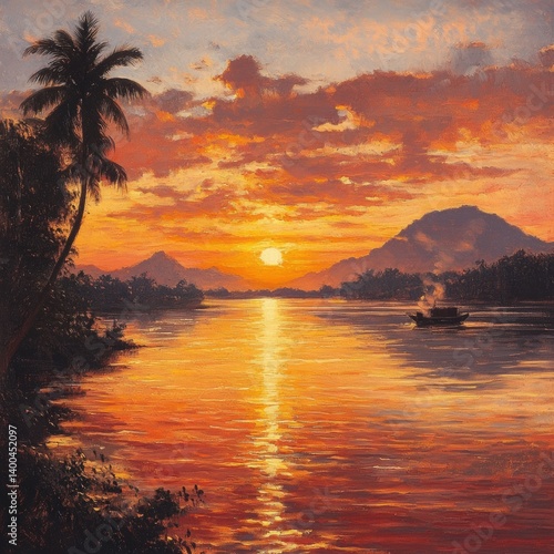 Breathtaking Sunset Over Calm Water with Silhouetted Mountains and Trees