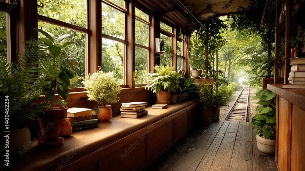Inside a train car filled with plants, books, and natural sunlight Inside a train car filled with plants, books, and natural sunlight