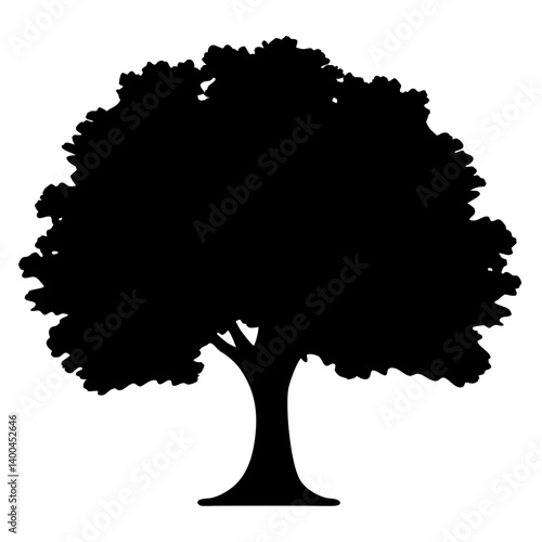 Silhouette of a lush tree with a full crown against white background