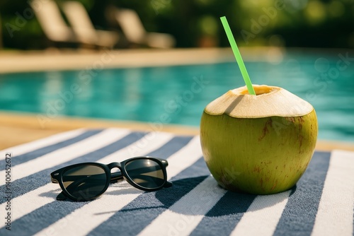 Refreshing Coconut Drink by the Poolside With Sunglasses on a Sunny Day