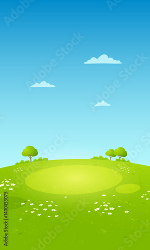Cartoon landscape with green grassy hill, scattered trees, white flowers and blue sky with clouds representing summer nature scene and outdoor environment concept
