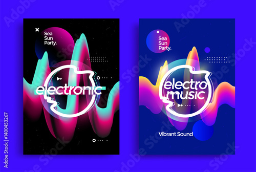 Colorful abstract posters with vibrant 3D waveforms electronic music party concept with futuristic and energetic visual style for nightlife and dance events