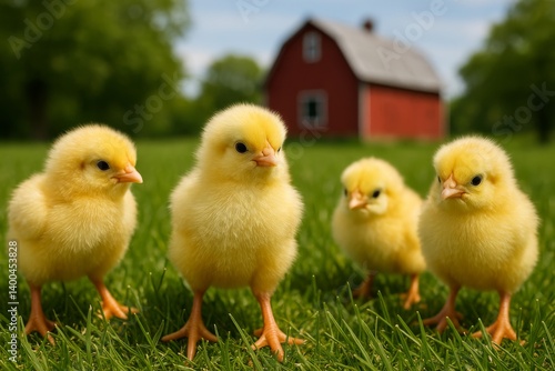 Four Fluffy Chicks Explore Green Grass Near a Red Barn on a Sunny Day