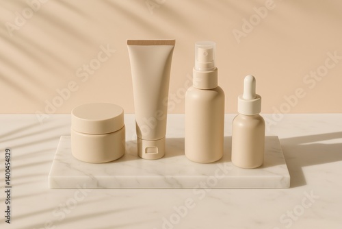 Natural Skincare Products Displayed on a Marble Surface With Warm Shadows and...