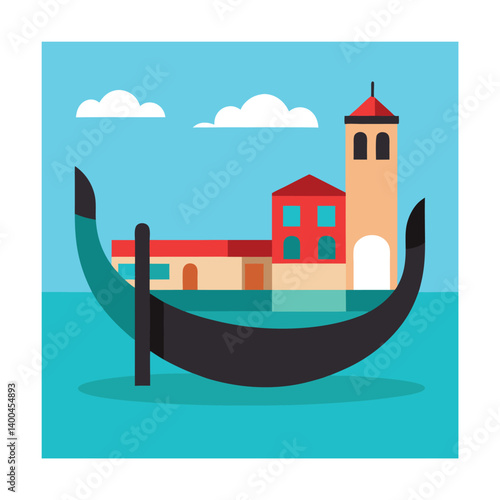 Colorful illustration of a gondola docked in Venice.