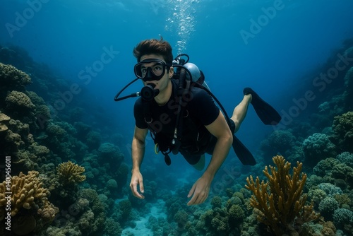 Scuba Diver Exploring Coral Reef During Sunny Day Underwater