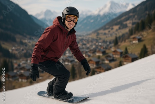 Snowboarder Glides Down Snowy Slope With Mountains in Background During Sunny...