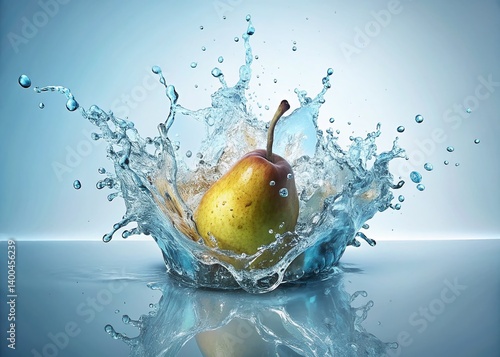Juicy Pear & Refreshing Water Splash: Isolated White Background Stock Photo