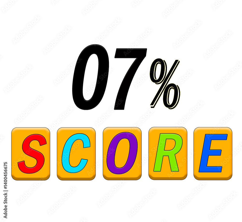 Seven percent score number with text isolated on white background with colorful squares. Seven percent score number with text isolated on white background with colorful squares.