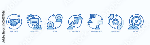 Partnerships For Success Icon Set Isolated Vector Illustration Concept With Icon Of Partner, Discuss, Join, Cooperate, Communicate, Support, Goal In Blue Style