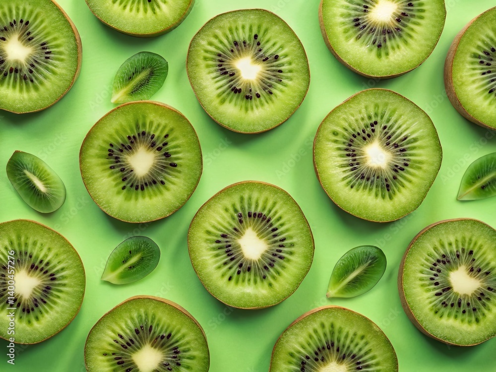 Juicy Green Kiwi Fruit Pattern Background - Flat Lay Trendy Food Photography Juicy Green Kiwi Fruit Pattern Background - Flat Lay Trendy Food Photography