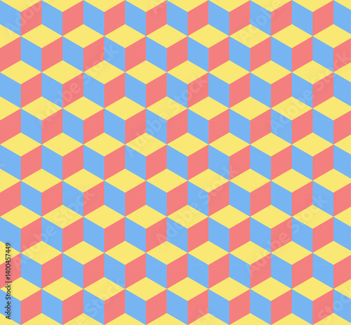 A brightly colored geometric cube pattern with a touch of pastel. A clean and neat look that is suitable for digital designs, wallpapers, and modern-retro style decorative elements.