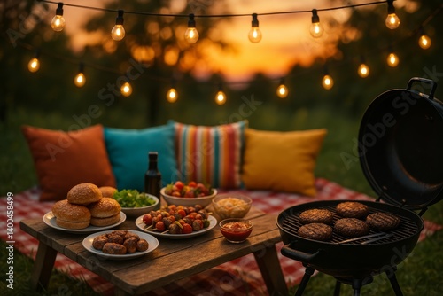 Grill Party at Sunset With Delicious Burgers and Vibrant Outdoor Decor