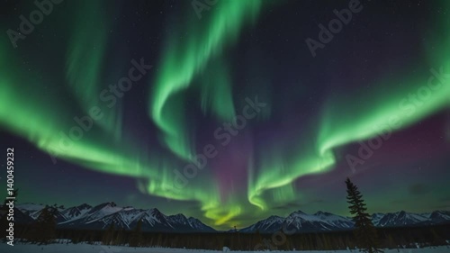 Wallpaper Mural spectacular view of aurora borealis in the dark night sky. Bright green light dominates the sky, forming curtains and ribbons that move and dance. Torontodigital.ca