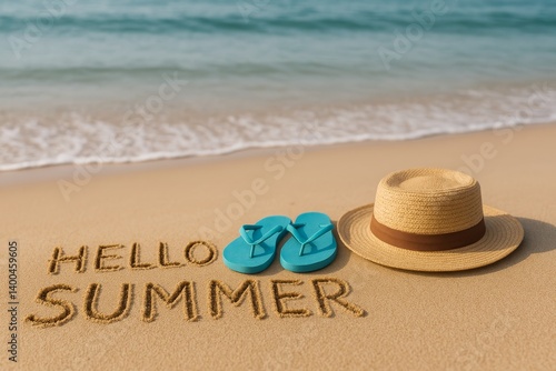 Greeting Summer on a Sunny Beach With a Hat and Flip Flops