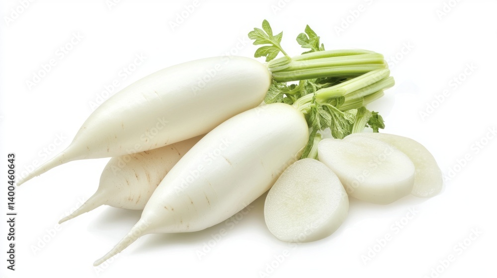 Three white radishes are on a white background Three white radishes are on a white background
