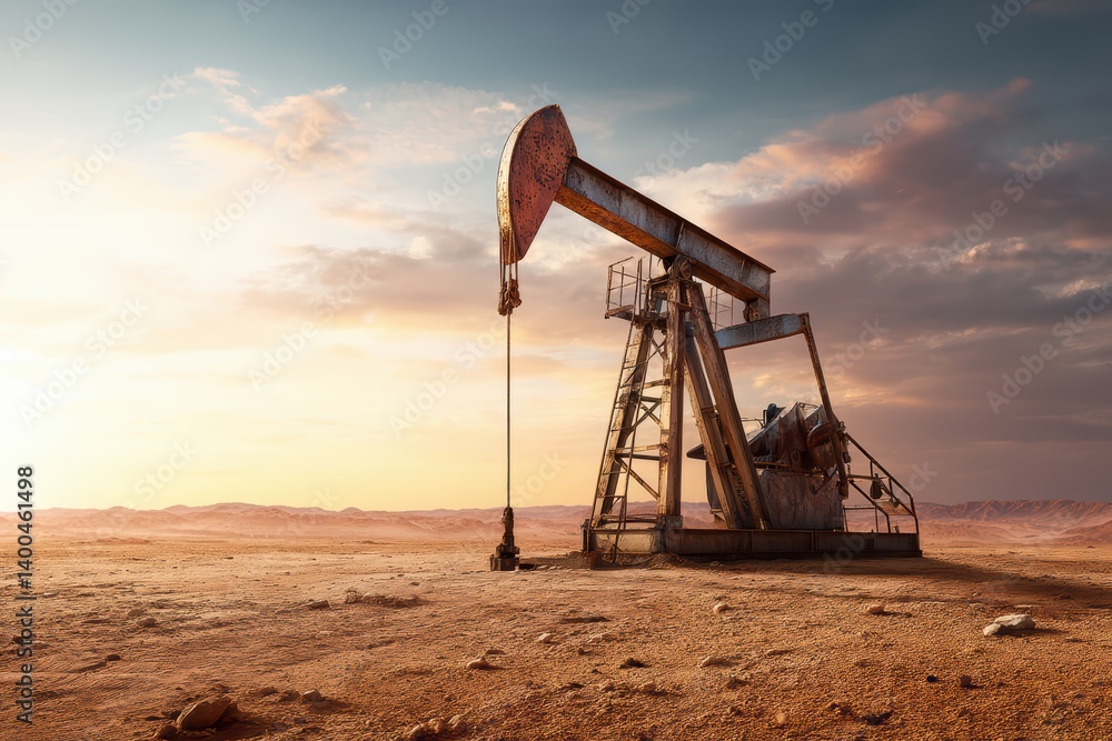 Industrial oil pump operating in a desert environment, symbolizing energy extraction and industrial resilience Industrial oil pump operating in a desert environment, symbolizing energy extraction and industrial resilience