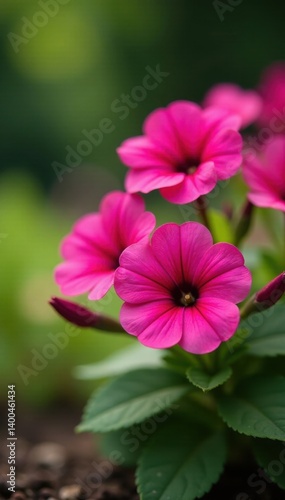 Vibrant pink petunias bloom in a summer garden flowerbed , bright, blooming, floral