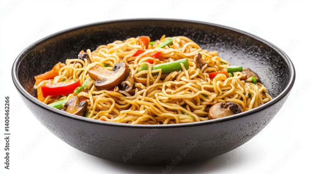 A bowl of noodles with mushrooms and green beans A bowl of noodles with mushrooms and green beans