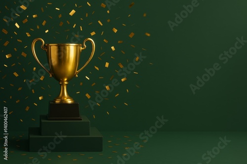 Golden Trophy Surrounded by Falling Confetti on a Dark Green Background Durin...