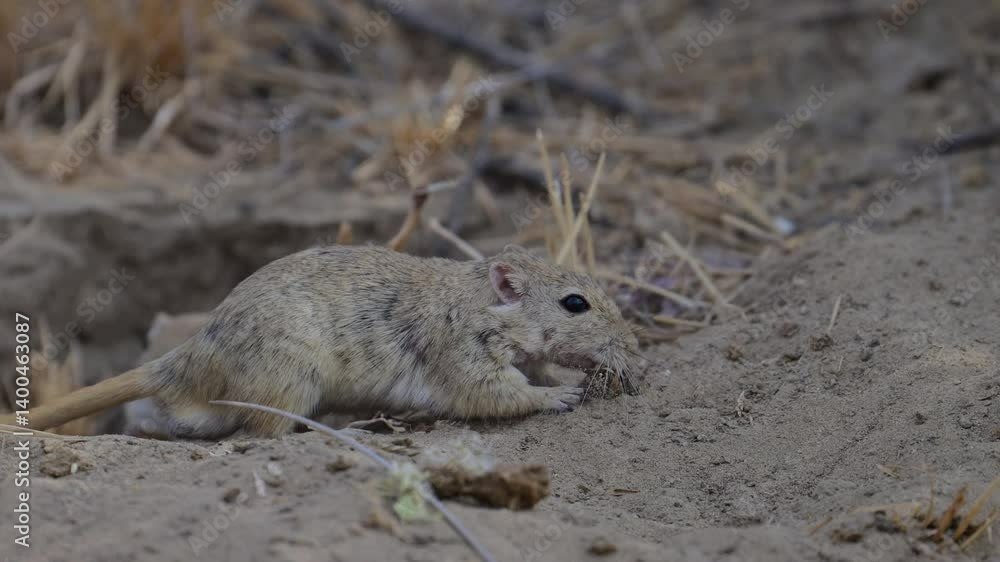 Close-up of two desert gerbils foraging near a burrow in sandy soil.