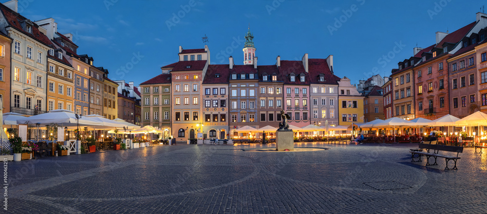 Panorama of Old Town Square (Rynek Starego Miasta) at dusk in Warsaw, Poland