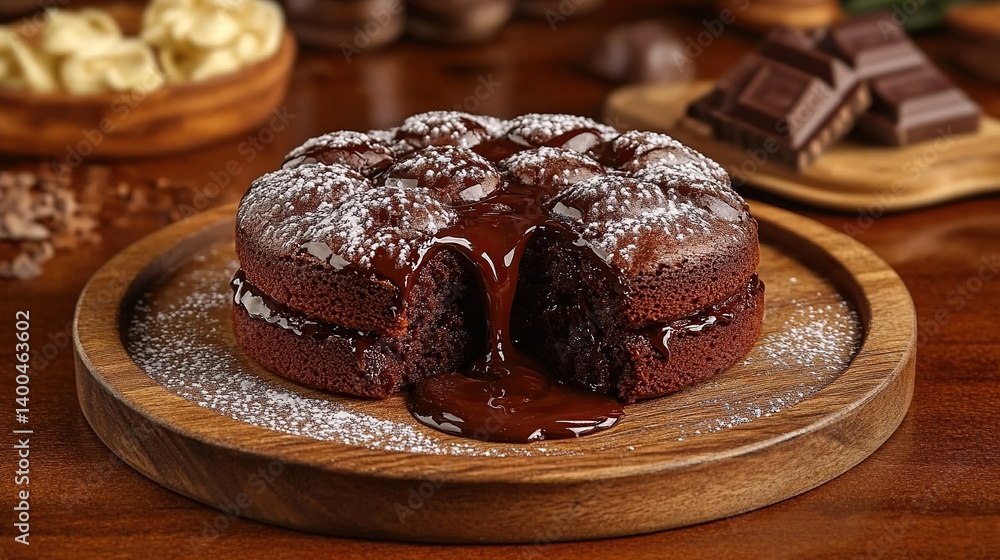 Chocolate lava cake with molten chocolate center, soft cake surrounding a gooey molten center