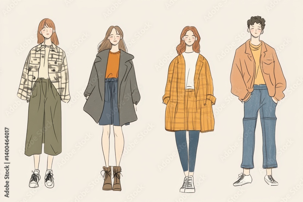 Fototapeta premium Explore stylish outfits for teens with minimalistic illustrations showcasing trendy fashion ideas