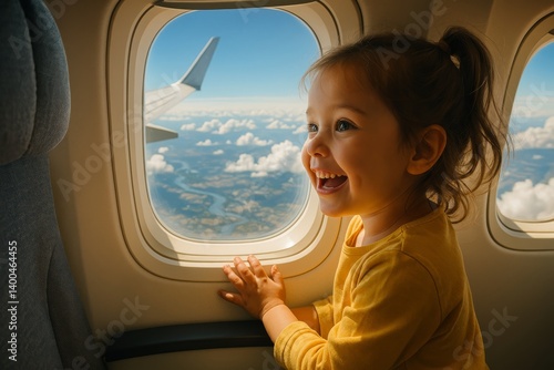 Young Girl Enjoying the View From an Airplane Window During a Sunny Flight Ov...