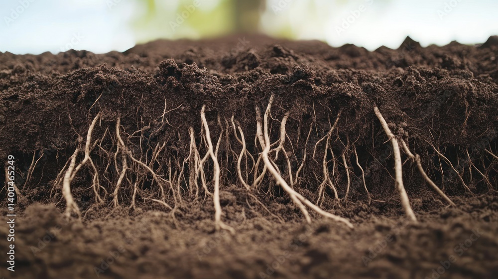 Fototapeta premium Close-up of plant roots in dark soil.