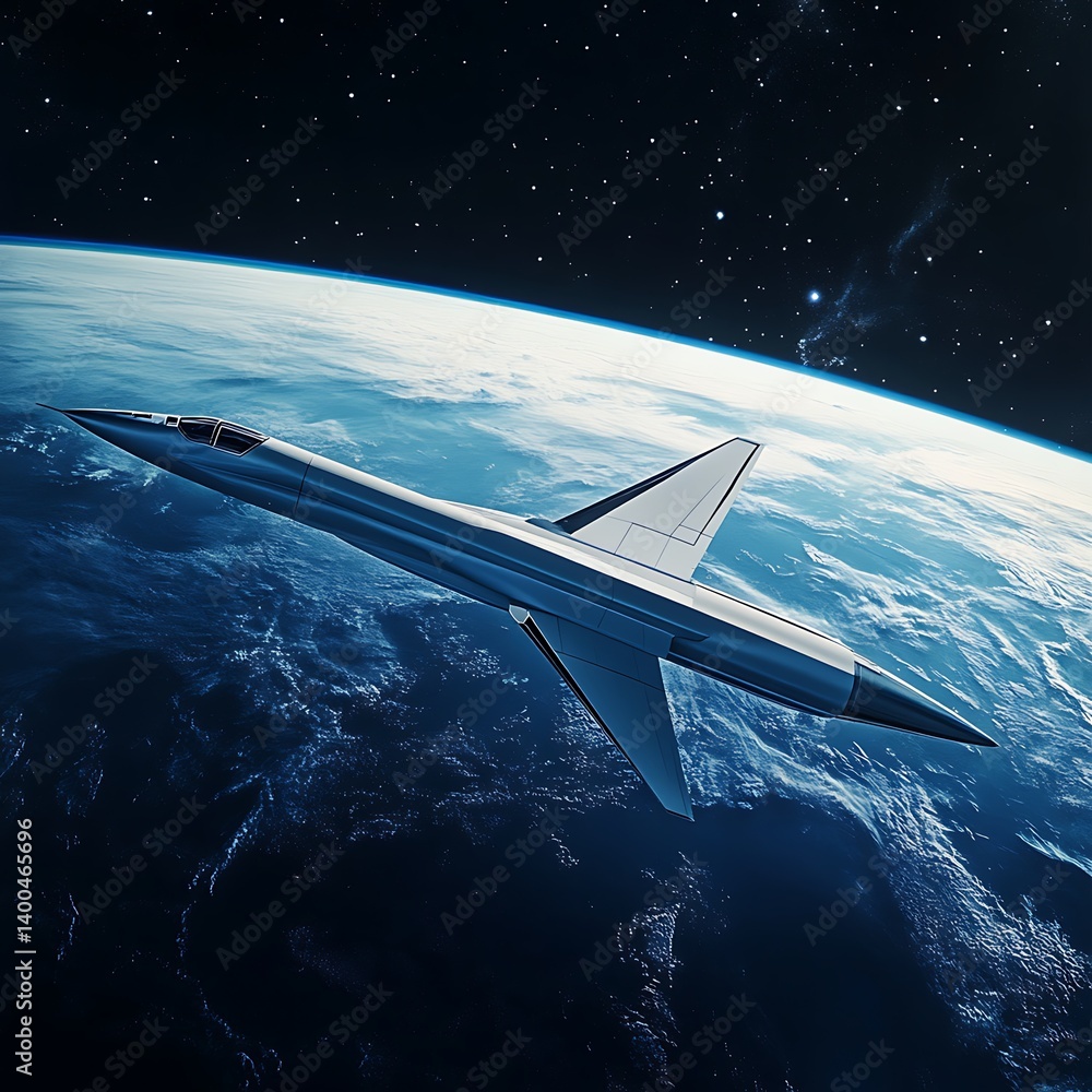 Fototapeta premium Futuristic supersonic jet soaring above Earth. A sleek, silver aircraft, reminiscent of a hypersonic or supersonic experimental jet, gracefully flies above a detailed depiction of planet Earth.