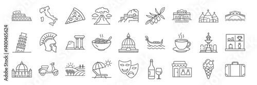 Italy line icon set. Vector pictograms of Travel and Culture - Rome, Colosseum, Pisa Tower, gladiator helmet, pizza, pasta, gelato thin linear illustration.