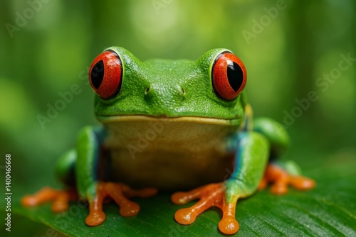 Vibrant Green Tree Frog Resting on a Leaf in the Jungle During a Sunny Day