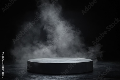 Minimalist concrete podium with dramatic smoke effect against dark background for product showcase or artistic presentation