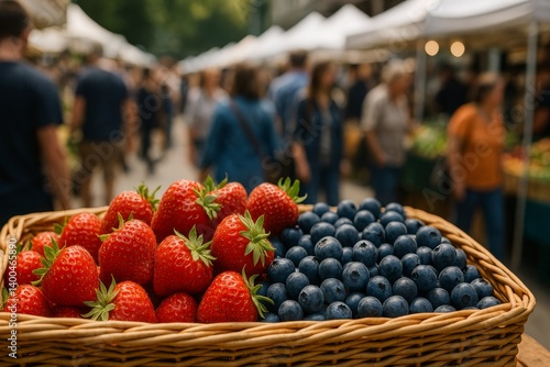Fresh Strawberries and Blueberries at Outdoor Market in Summer Afternoon
