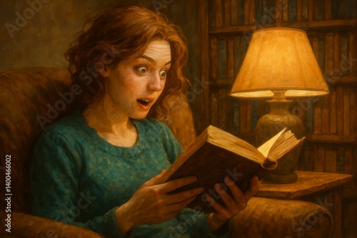 Excitement Radiates From Reader in Cozy Library With Warm Lamp at Night