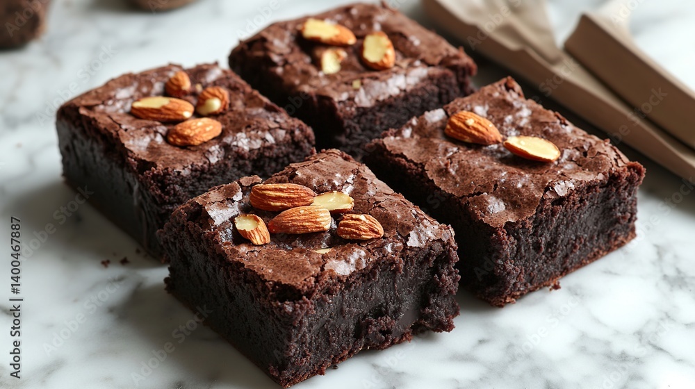 Chocolate brownies with fudgy texture and sprinkled with toasted almonds