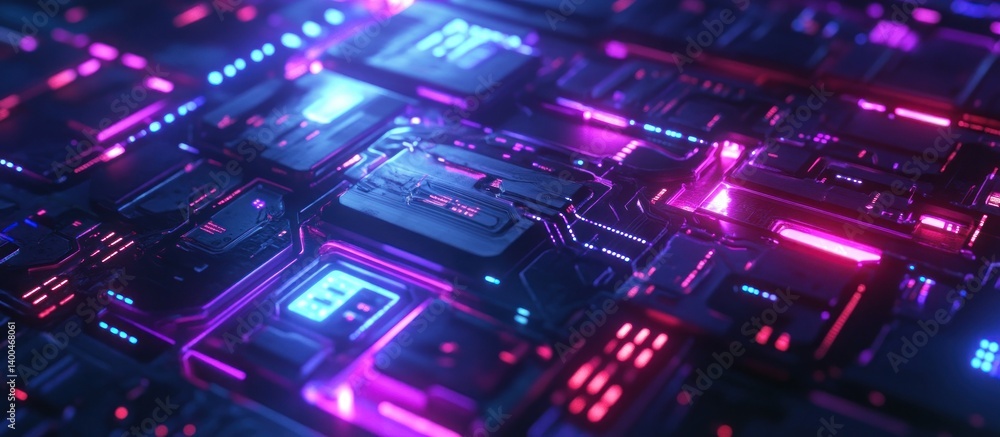Futuristic neon-lit circuit board close-up. Futuristic neon-lit circuit board close-up.